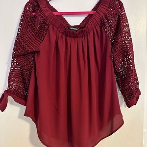 Express Women's Deep Red/Burgundy Crochet Sleeve Off Shoulder Blouse